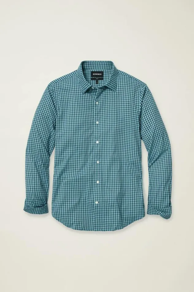 Men Tech Button Down Shirt Blue Navy Plaid Bonobos Business Casual Shirts