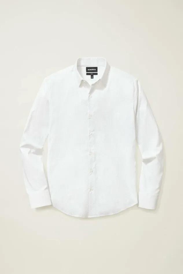 Men Tech Button Down Shirt White Blue Fine Dot Bonobos Casual Shirts
