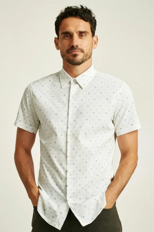 Men Tech Short Sleeve Shirt Blue Lilac Daisy Stamp Bonobos Short Sleeve Shirts