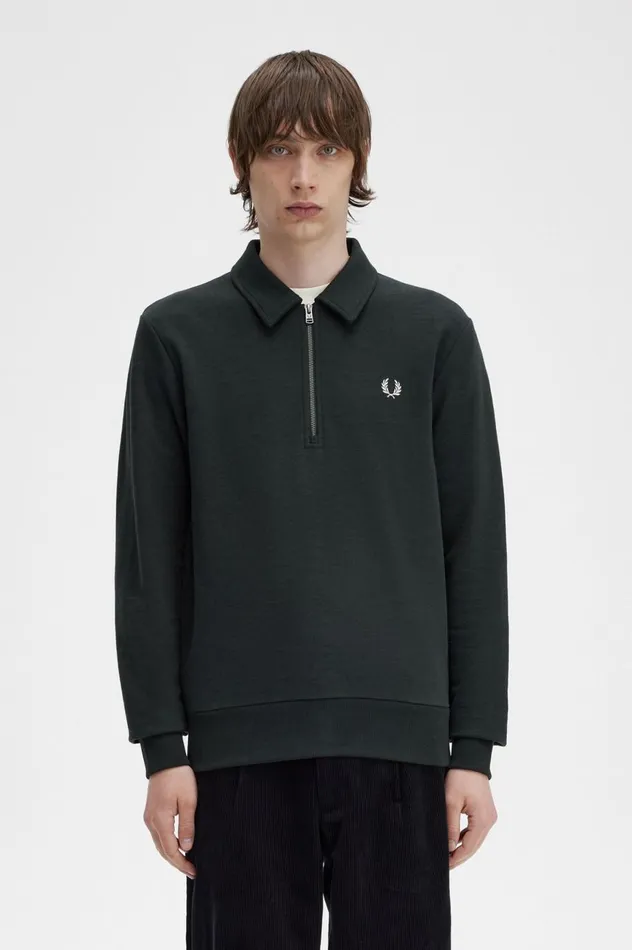 Men Zip Neck Collar Sweatshirt Night Green Fred Perry Sweatshirts
