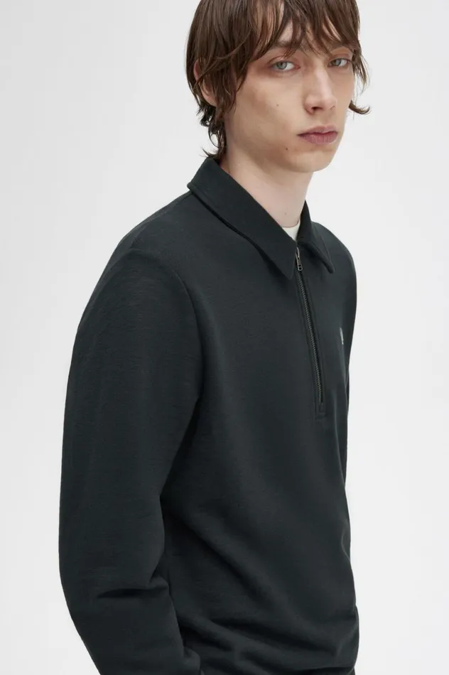 Men Zip Neck Collar Sweatshirt Night Green Fred Perry Sweatshirts