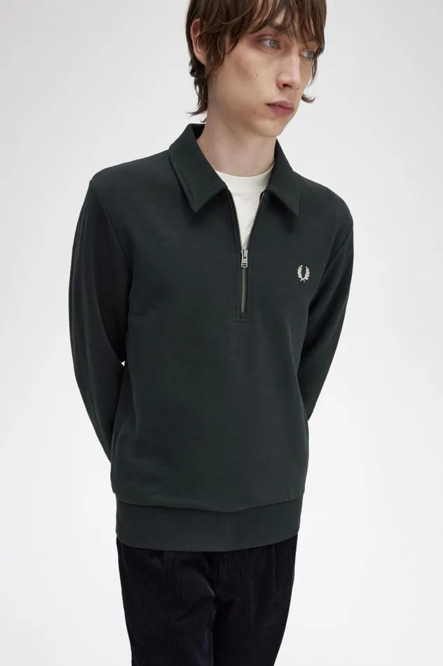 Men Zip Neck Collar Sweatshirt Night Green Fred Perry Sweatshirts