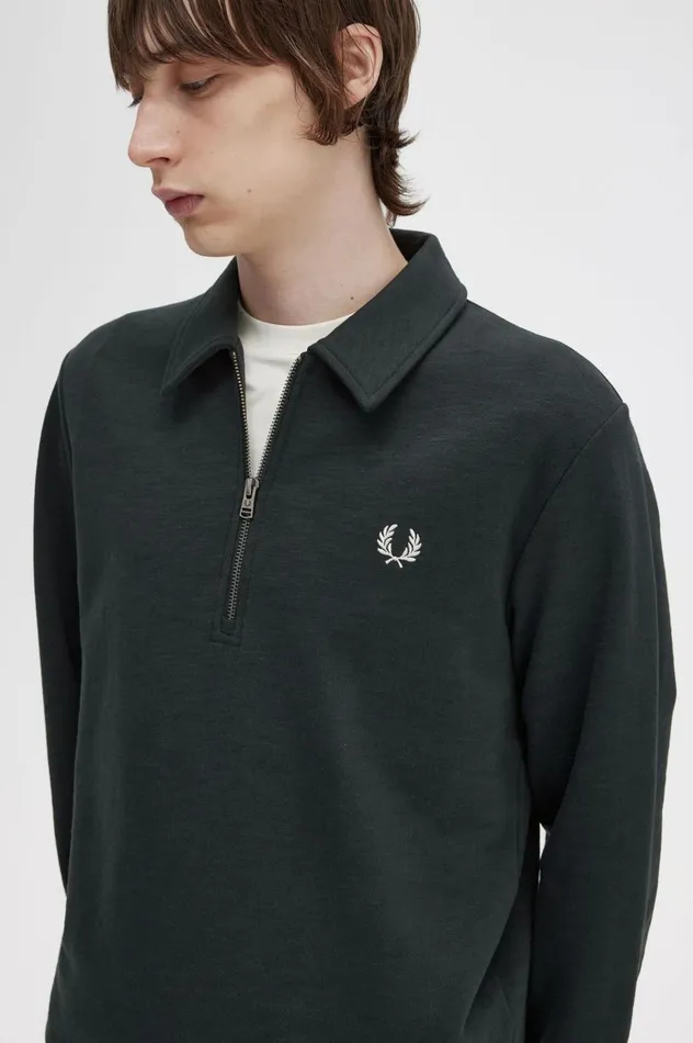 Men Zip Neck Collar Sweatshirt Night Green Fred Perry Sweatshirts