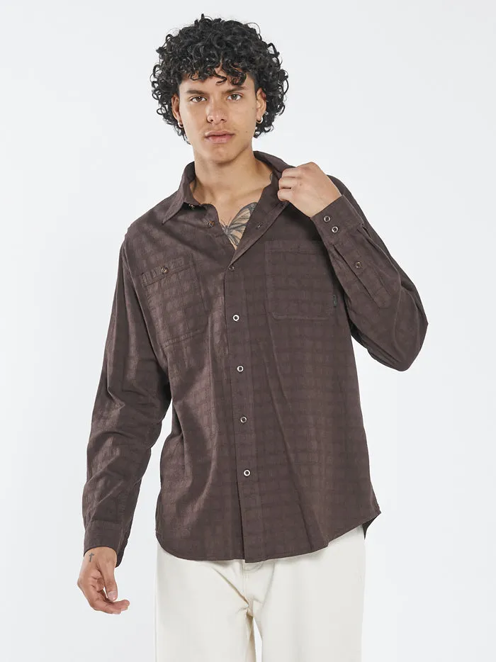 Mens Disruption Jacquard Check Long Sleeve Shirt Postal Brown Thrills Shirts