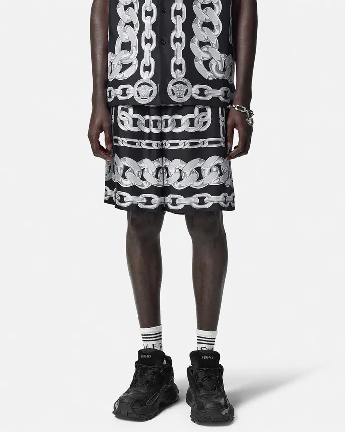 Pants and Shorts Men Versace Medusa Chains Silk Shorts Print