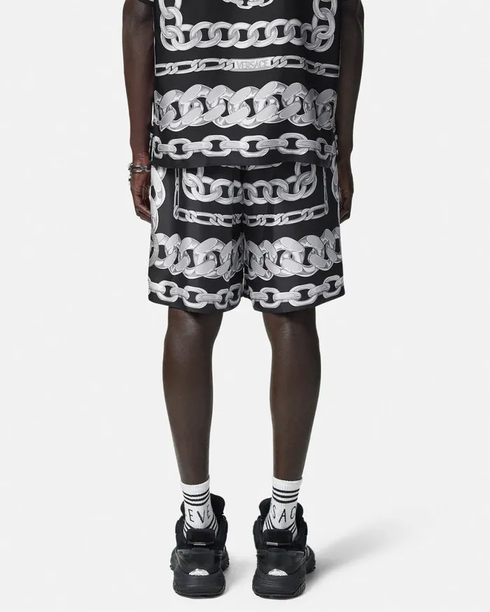 Pants and Shorts Men Versace Medusa Chains Silk Shorts Print