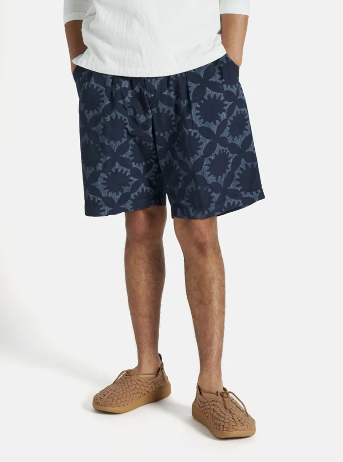 Pleated Track Short In Navy Over Dyed Sun Print Men Universal Works Shorts