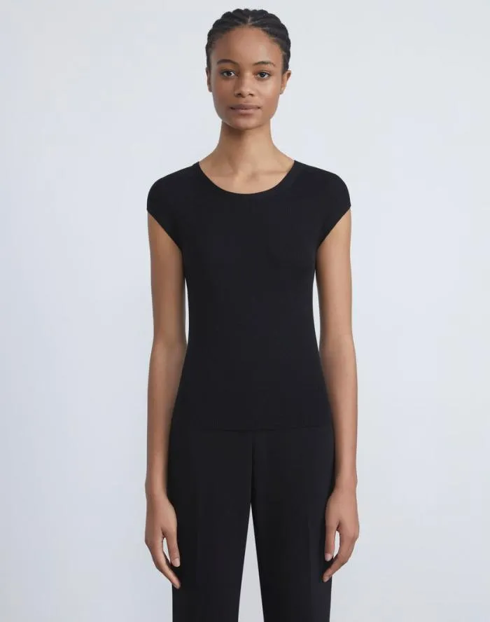 Ready To Wear Finespun Voile Ribbed Cap Sleeve Top Black Lafayette 148 New York Sweaters and Knits