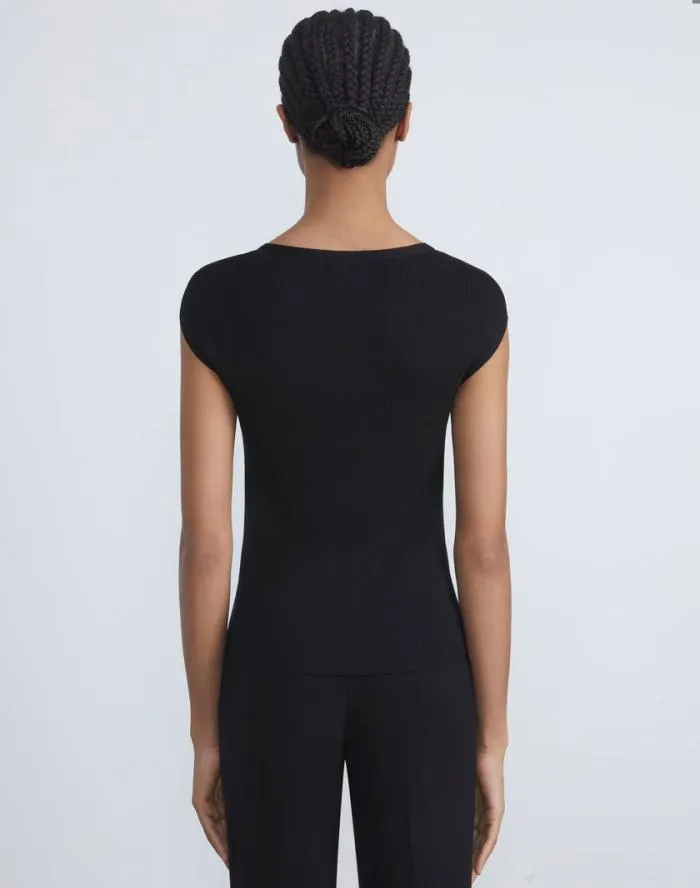 Ready To Wear Finespun Voile Ribbed Cap Sleeve Top Black Lafayette 148 New York Sweaters and Knits