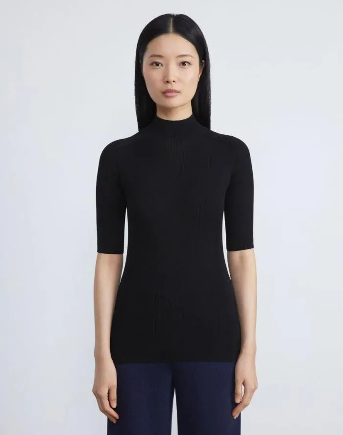 Ready To Wear Finespun Voile Ribbed Short Sleeve Sweater Black Lafayette 148 New York Sweaters and Knits
