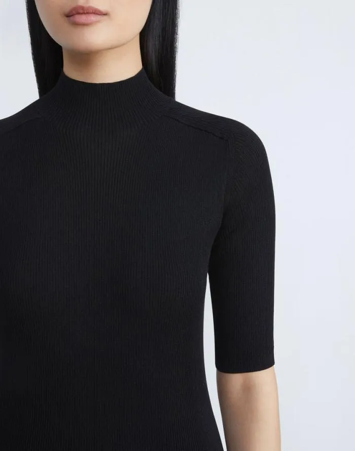 Ready To Wear Finespun Voile Ribbed Short Sleeve Sweater Black Lafayette 148 New York Sweaters and Knits