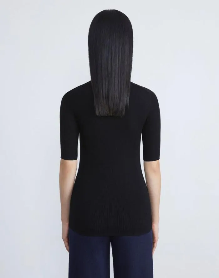 Ready To Wear Finespun Voile Ribbed Short Sleeve Sweater Black Lafayette 148 New York Sweaters and Knits