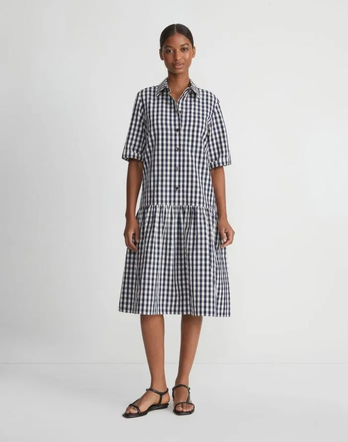 Ready To Wear Gingham Crinkle CottonLinen Drop Waist Shirtdress Midnight Blue Multi Lafayette 148 New York Dresses