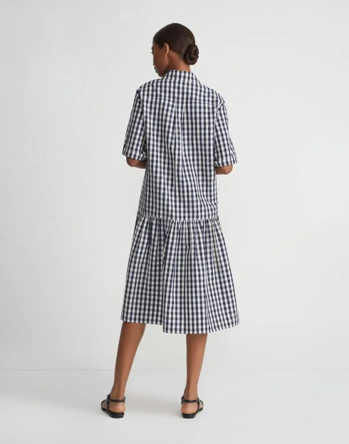 Ready To Wear Gingham Crinkle CottonLinen Drop Waist Shirtdress Midnight Blue Multi Lafayette 148 New York Dresses