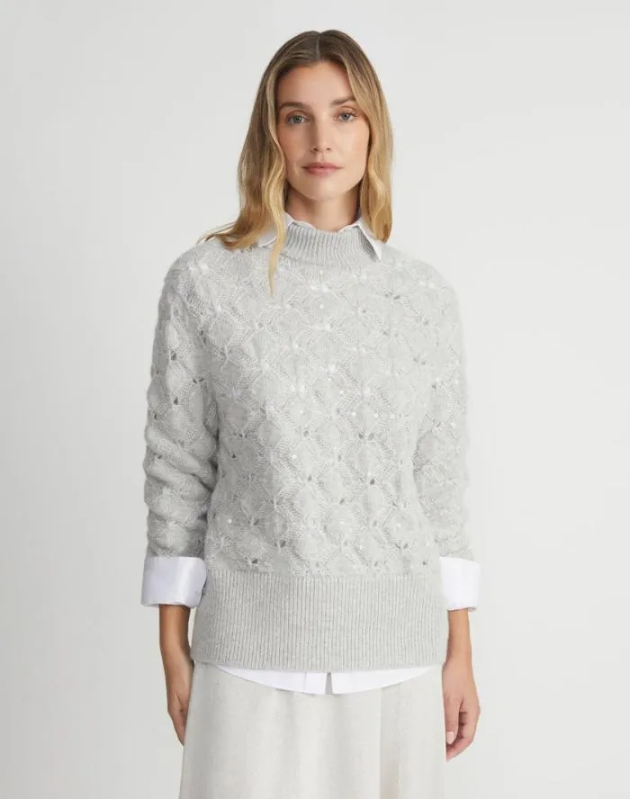 Ready To Wear HandEmbellished CashmereAlpaca Lace Stitch Sweater Grey Heather Lafayette 148 New York Sweaters and Knits