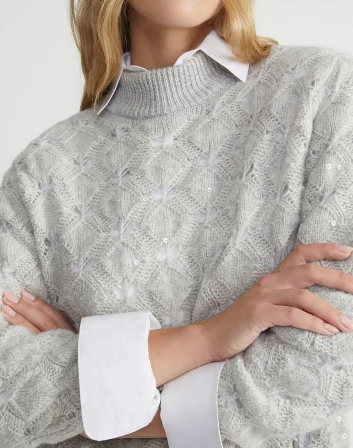 Ready To Wear HandEmbellished CashmereAlpaca Lace Stitch Sweater Grey Heather Lafayette 148 New York Sweaters and Knits