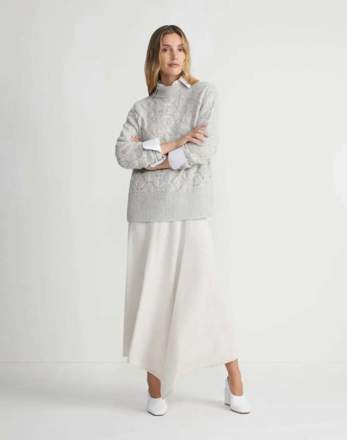 Ready To Wear HandEmbellished CashmereAlpaca Lace Stitch Sweater Grey Heather Lafayette 148 New York Sweaters and Knits