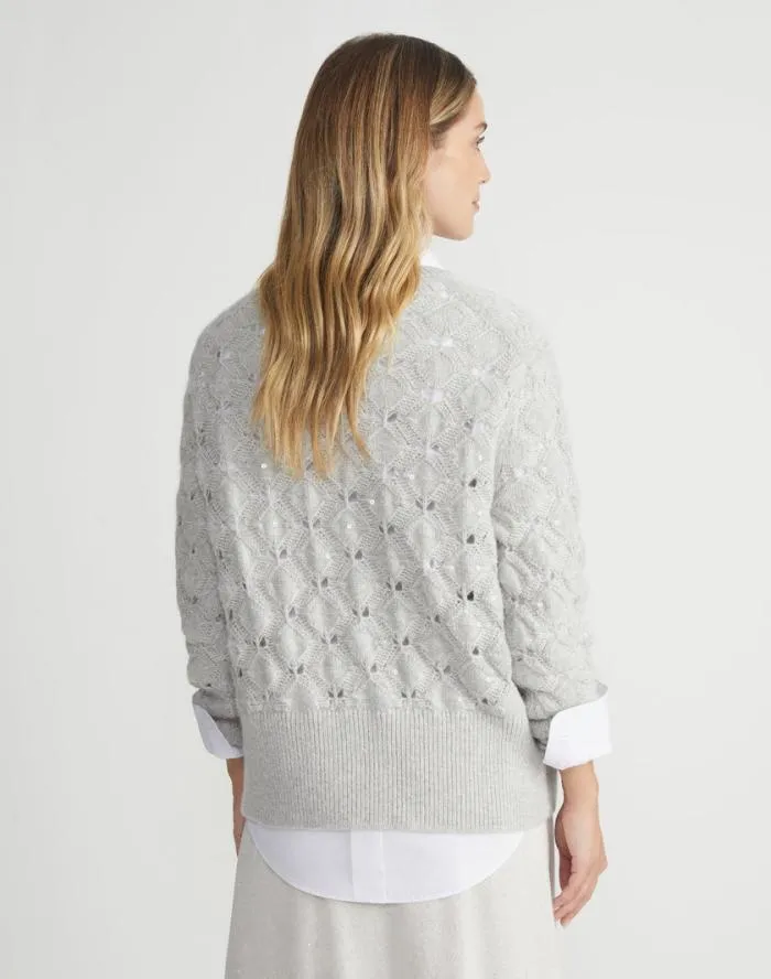 Ready To Wear HandEmbellished CashmereAlpaca Lace Stitch Sweater Grey Heather Lafayette 148 New York Sweaters and Knits