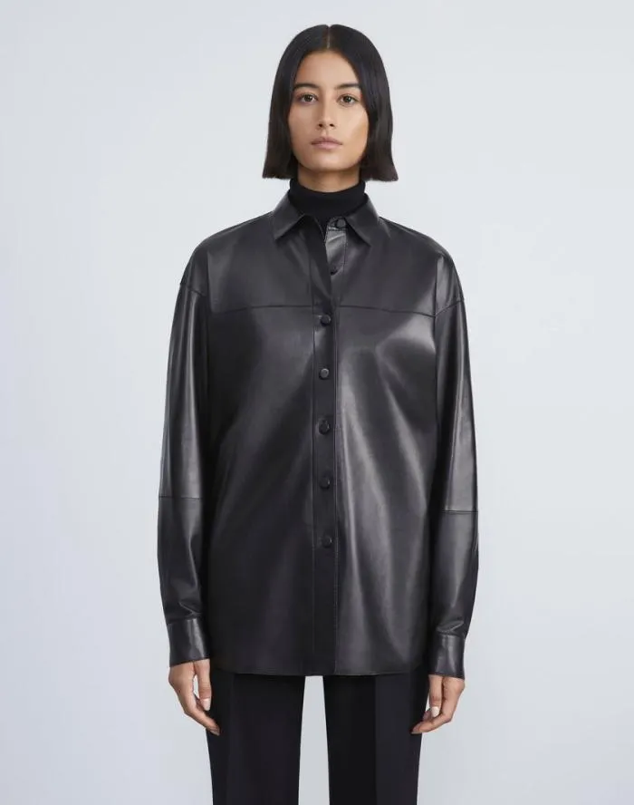 Ready To Wear Nappa Lambskin Leather Shirt Jacket Black Lafayette 148 New York Leathers and Suedes