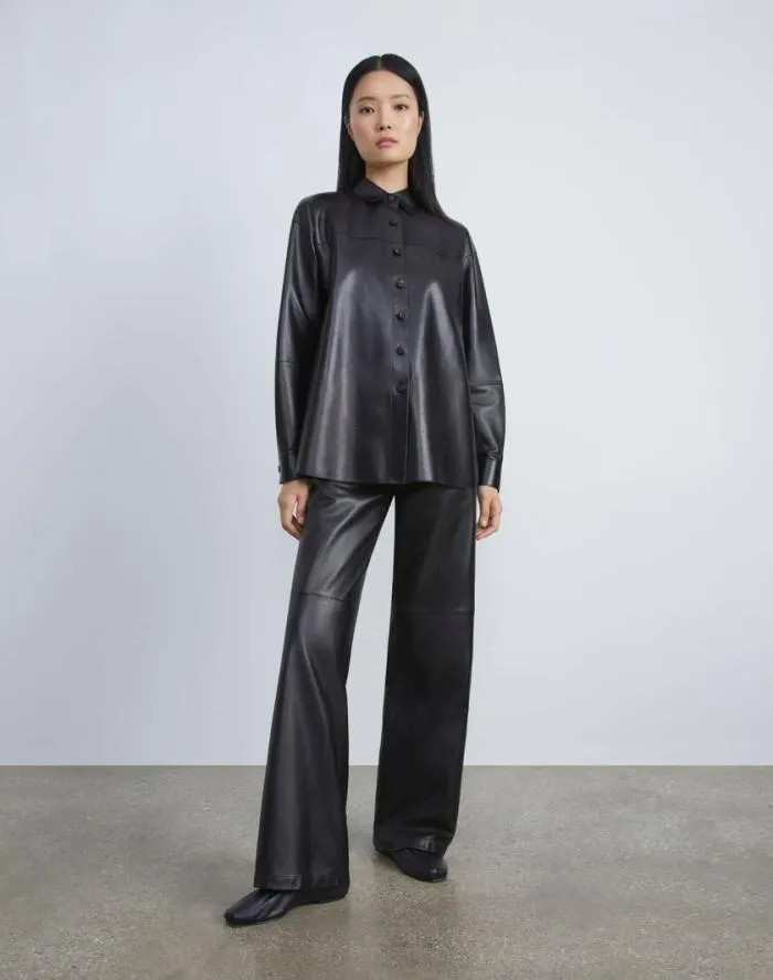 Ready To Wear Nappa Lambskin Leather Shirt Jacket Black Lafayette 148 New York Leathers and Suedes