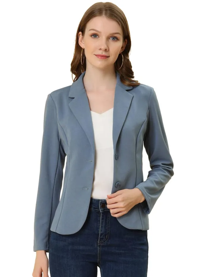 RWandCO Blazers Allegra K Lapel Collar Stretchy Jacket Suit Blazer Gray Blue 8211 Women