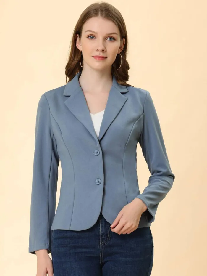 RWandCO Blazers Allegra K Lapel Collar Stretchy Jacket Suit Blazer Gray Blue 8211 Women