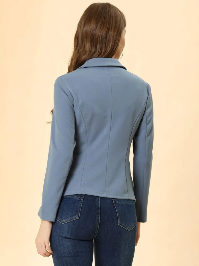 RWandCO Blazers Allegra K Lapel Collar Stretchy Jacket Suit Blazer Gray Blue 8211 Women