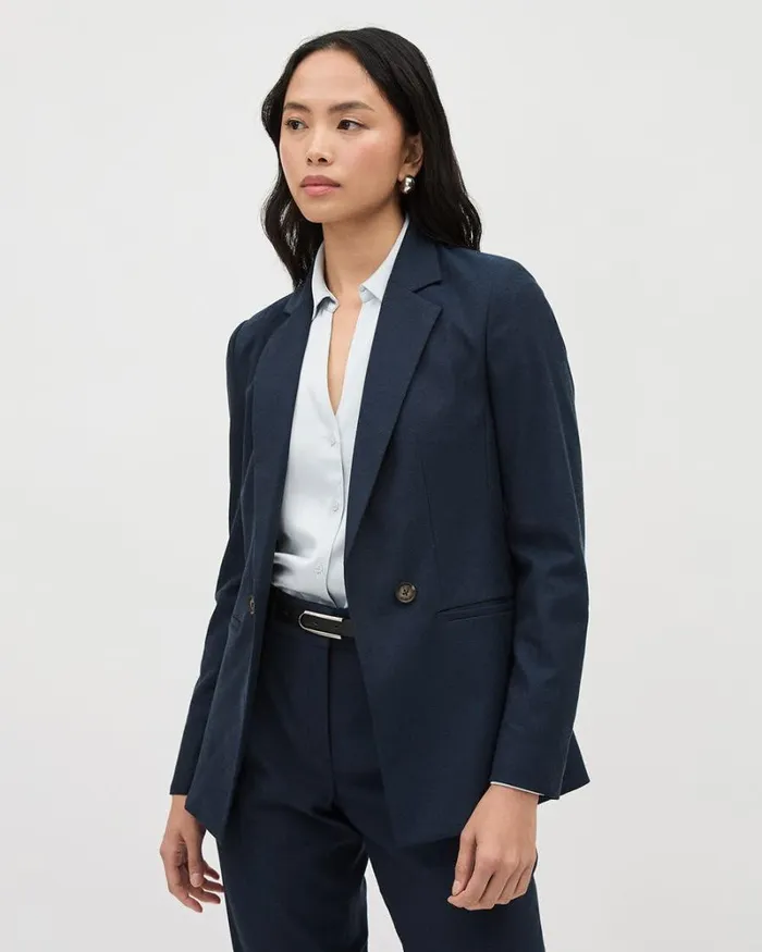 RWandCO Blazers Indigo DoubleBreasted Open Flannel Blazer Avigo Blue 8211 Women