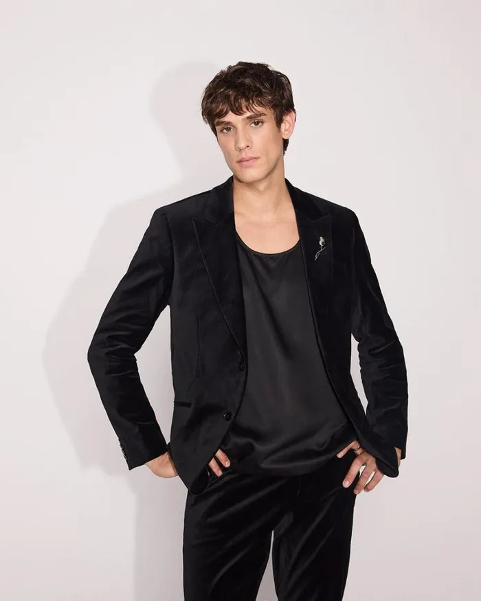 RWandCO Blazers SlimFit Velvet Suit Blazer Black 8211 Men