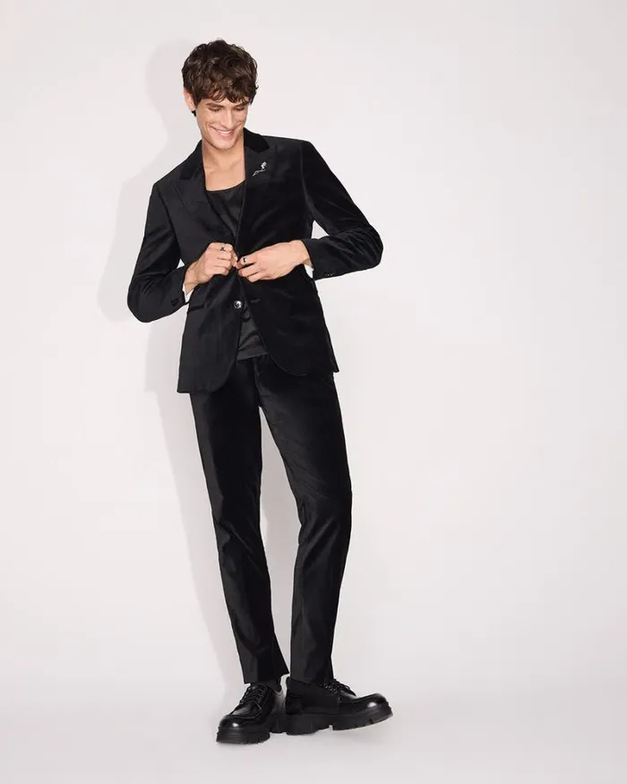 RWandCO Blazers SlimFit Velvet Suit Blazer Black 8211 Men