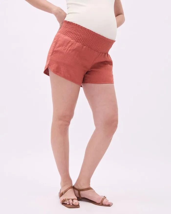 RWandCO Bottoms Linen Blend Smocked PullOn Short 8211 Thyme Maternity Etruscan Red 8211 Women