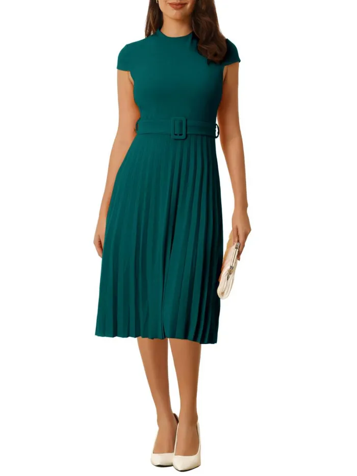 RWandCO Dresses Hobemty Mock Neck Belted ALine Pleated Dress Green 8211 Women RWandCO Dresses Hobemty Mock Neck Belted ALine Pleated Dress Green 8211 Women
