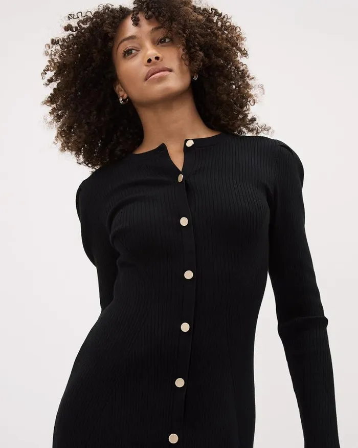 RWandCO Dresses LongSleeve Fit And Flare ButtonedDown Ribbed Dress Black 8211 Women RWandCO Dresses LongSleeve Fit And Flare ButtonedDown Ribbed Dress Black 8211 Women