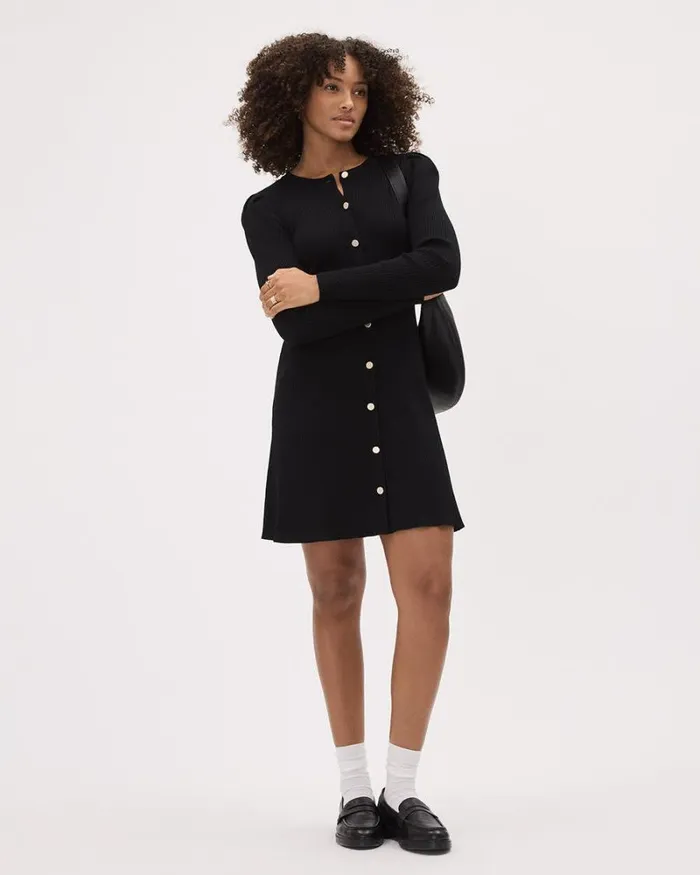 RWandCO Dresses LongSleeve Fit And Flare ButtonedDown Ribbed Dress Black 8211 Women RWandCO Dresses LongSleeve Fit And Flare ButtonedDown Ribbed Dress Black 8211 Women
