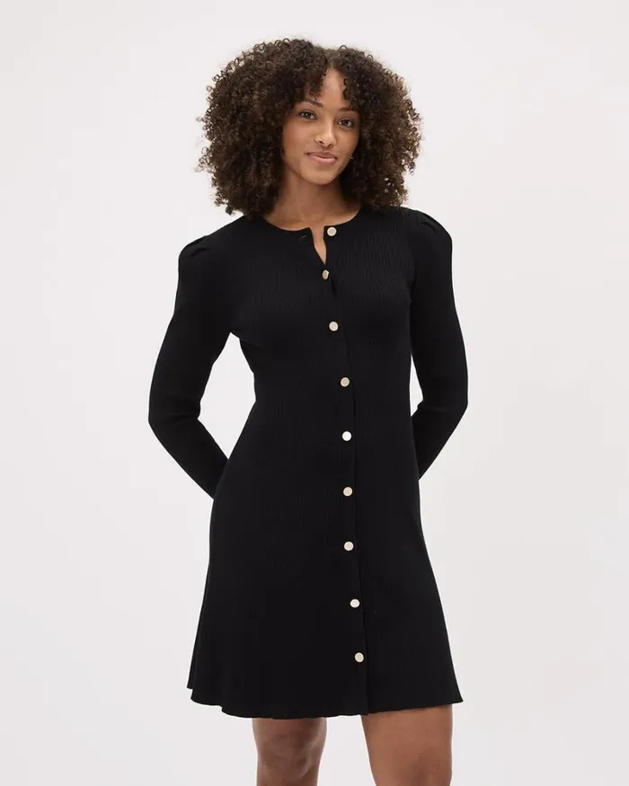 RWandCO Dresses LongSleeve Fit And Flare ButtonedDown Ribbed Dress Black 8211 Women RWandCO Dresses LongSleeve Fit And Flare ButtonedDown Ribbed Dress Black 8211 Women