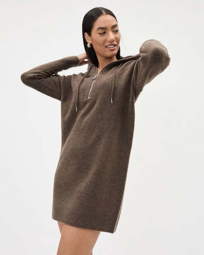 RWandCO Dresses LongSleeve Hooded Mini Dress Taupe Brown Mix 8211 Women