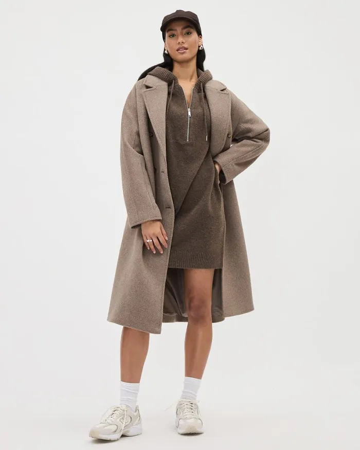 RWandCO Dresses LongSleeve Hooded Mini Dress Taupe Brown Mix 8211 Women RWandCO Dresses LongSleeve Hooded Mini Dress Taupe Brown Mix 8211 Women