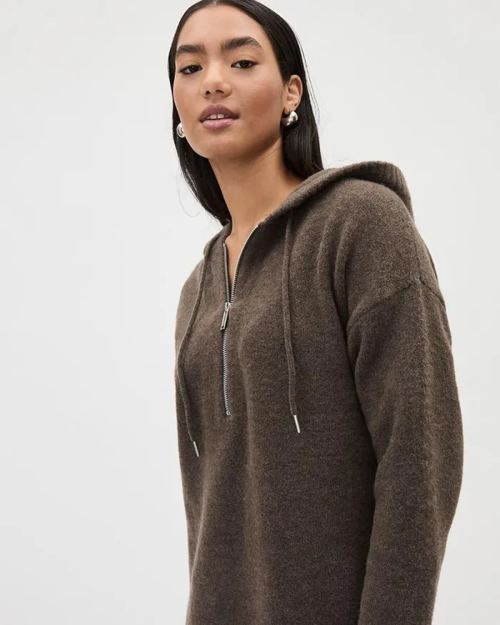 RWandCO Dresses LongSleeve Hooded Mini Dress Taupe Brown Mix 8211 Women RWandCO Dresses LongSleeve Hooded Mini Dress Taupe Brown Mix 8211 Women