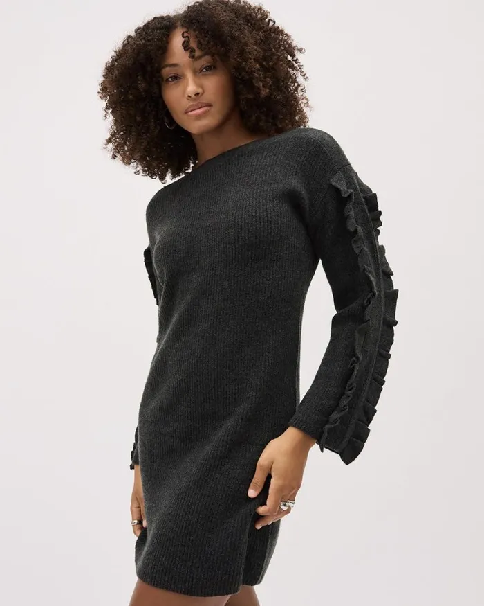 RWandCO Dresses RuffledLongSleeve BoatNeck Mini Dress Black Coffee Mix 8211 Women RWandCO Dresses RuffledLongSleeve BoatNeck Mini Dress Black Coffee Mix 8211 Women