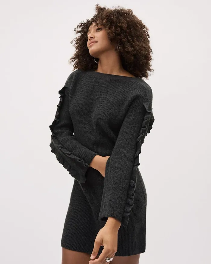 RWandCO Dresses RuffledLongSleeve BoatNeck Mini Dress Black Coffee Mix 8211 Women RWandCO Dresses RuffledLongSleeve BoatNeck Mini Dress Black Coffee Mix 8211 Women