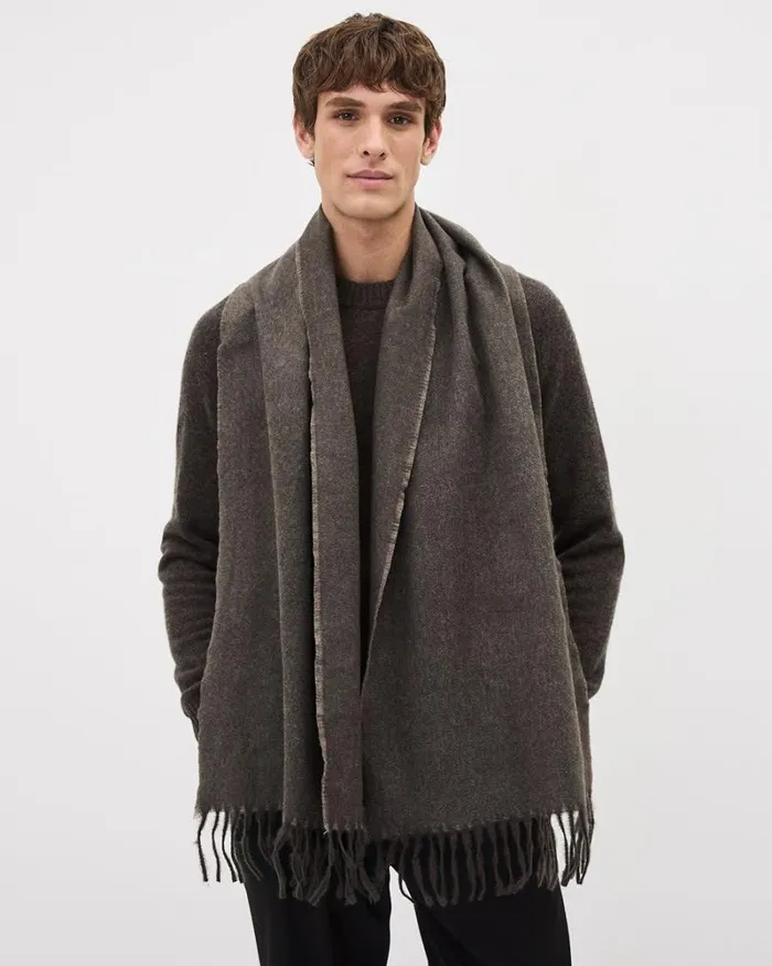 RWandCO Hats Gloves and Scarves TwoTone Scarf With Fringes Beige 8211 Men