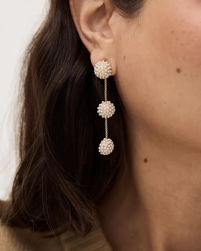 RWandCO Jewelry Golden Earrings With Ball Pendants Adorned With Tiny Pearls Gold 8211 Women RWandCO Jewelry Golden Earrings With Ball Pendants Adorned With Tiny Pearls Gold 8211 Women