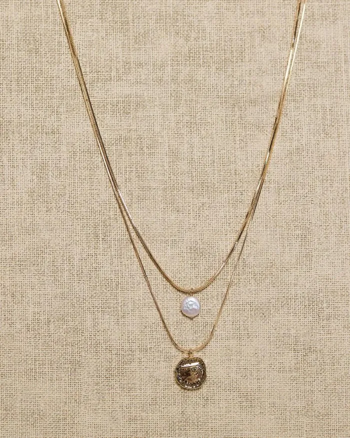 RWandCO Necklaces DoubleChain Necklace With Pearl And Coin Pendant Gold 8211 Women RWandCO Necklaces DoubleChain Necklace With Pearl And Coin Pendant Gold 8211 Women