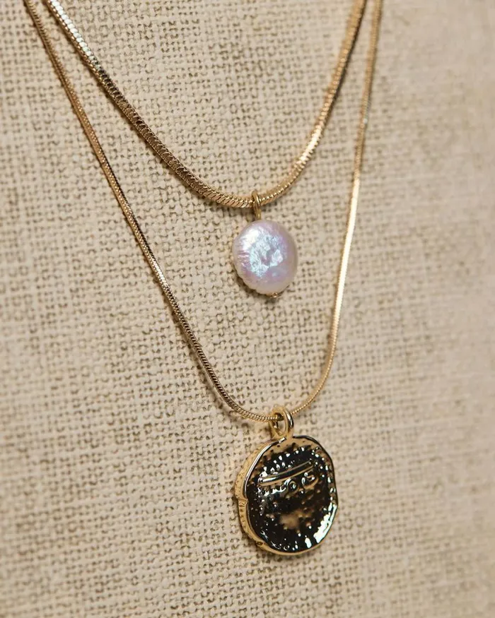 RWandCO Necklaces DoubleChain Necklace With Pearl And Coin Pendant Gold 8211 Women RWandCO Necklaces DoubleChain Necklace With Pearl And Coin Pendant Gold 8211 Women