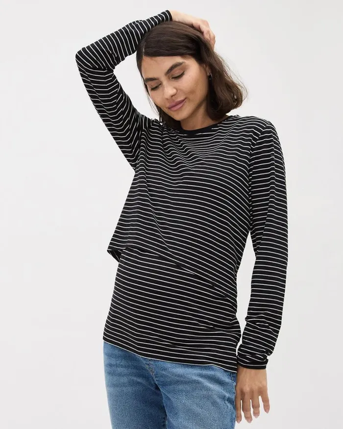 RWandCO Nursing Striped LongSleeve Nursing Tee 8211 Thyme Maternity Black And Snow White Strippe 8211 Women RWandCO Nursing Striped LongSleeve Nursing Tee 8211 Thyme Maternity Black And Snow White Strippe 8211 Women
