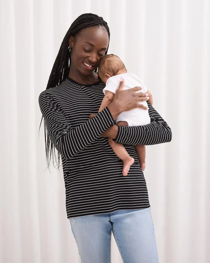 RWandCO Nursing Striped LongSleeve Nursing Tee 8211 Thyme Maternity Black And Snow White Strippe 8211 Women RWandCO Nursing Striped LongSleeve Nursing Tee 8211 Thyme Maternity Black And Snow White Strippe 8211 Women