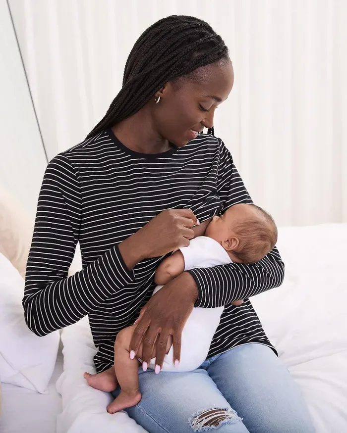 RWandCO Nursing Striped LongSleeve Nursing Tee 8211 Thyme Maternity Black And Snow White Strippe 8211 Women RWandCO Nursing Striped LongSleeve Nursing Tee 8211 Thyme Maternity Black And Snow White Strippe 8211 Women