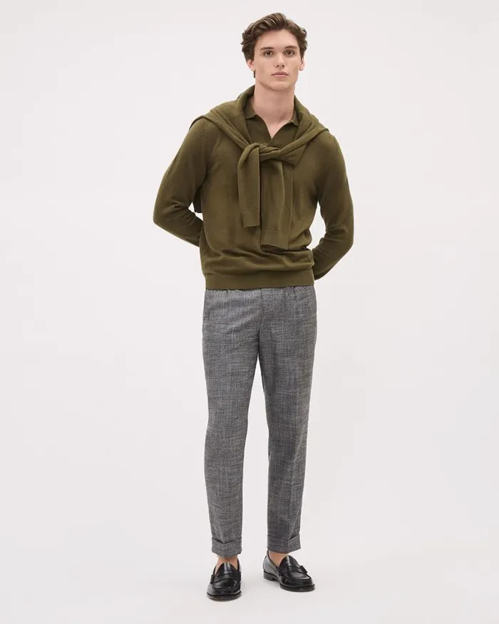 RWandCO Polos LongSleeve Cotton Sweater Polo With Johnny Collar Palmer Green 8211 Men