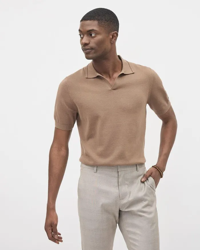 RWandCO Polos ShortSleeve Cotton Polo Sweater With Johnny Collar Caramel Latte 8211 Men