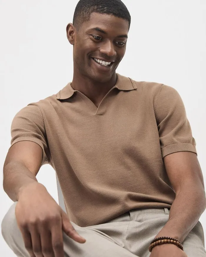 RWandCO Polos ShortSleeve Cotton Polo Sweater With Johnny Collar Caramel Latte 8211 Men